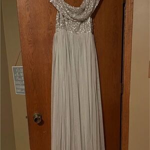 Silver Sequin Bodice Maxi Dress with Flowing Chiffon Skirt